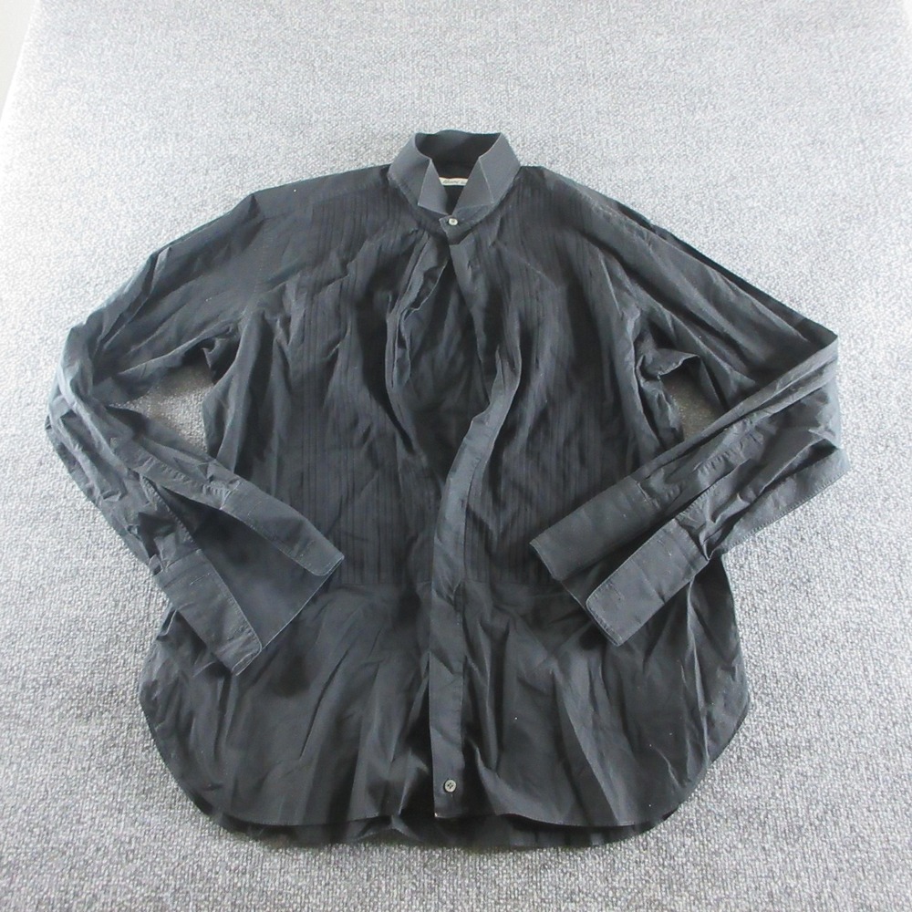 Brioni Shirt Mens 17 Black Pleated Band Collar French Cuff Tuxedo Dress Cotton